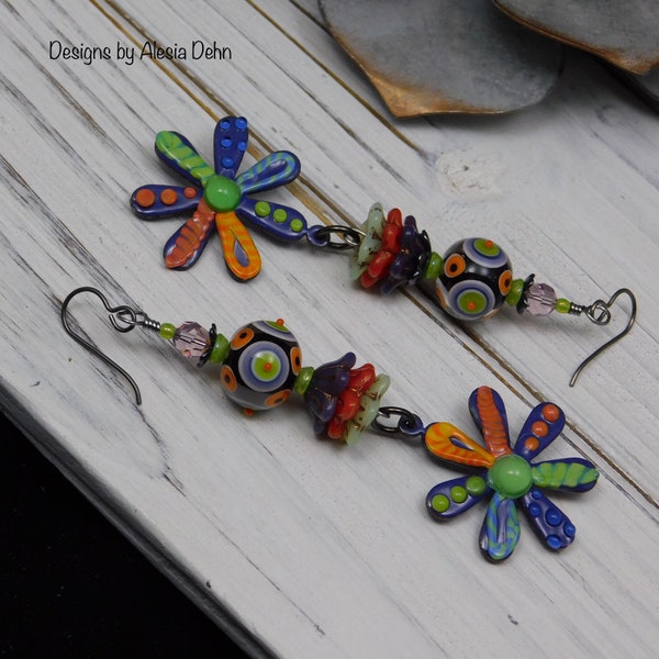 MODERN Art Design Colorful FLOWER Charms Artisan Made Copper Enameled Lampwork Charms Lampwork Beads Funky Design Bea Stoertz OOAK