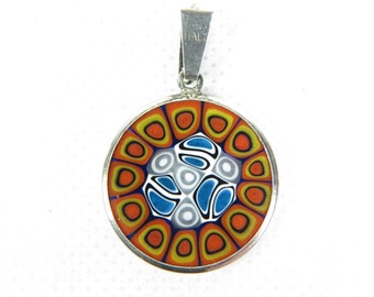 Pendentif Millefiori En Verre De Murano - Plaqué Or, Diamètre 1.9 Cm, Occasion En Très Bon état