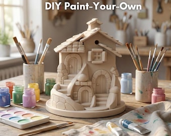 Puede incluir: Un kit de casa de cerámica para pintar tú mismo. El kit incluye una casa de cerámica beige con puertas arqueadas y una fachada de piedra, pinceles, botes de pintura y una paleta de acuarelas. El texto "DIY Paint-Your-Own" está en la parte superior.