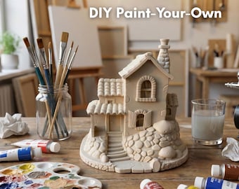 Könnte beinhalten: Ein DIY-Miniaturhaus-Bausatz zum Selbstbemalen. Das beige Keramikhaus hat einen Schornstein, gewölbte Fenster und einen steinartigen Sockel. Farbtuben, eine Palette mit Mischfarben und Pinsel in einem Glas stehen auf einem Holztisch.