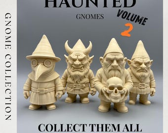 May include: A collection of four beige-colored gnome figurines with unique designs. One gnome wears a plague doctor mask, another has horns, and one holds a skull. The text reads "HAUNTED GNOMES VOLUME 2" and "COLLECT THEM ALL."