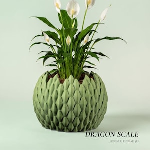 May include: A green, dragon scale-patterned planter pot holding a peace lily plant with white flowers and green leaves. The pot has a unique, textured design. Text at the bottom reads "DRAGON SCALE" and "JUNGLE FORGE 3D".