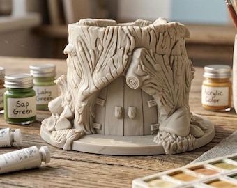 Könnte beinhalten: Ein beiger, 3D-gedruckter Baumstumpf mit einer Tür, der einem Feenhaus ähnelt. Das detaillierte Design umfasst strukturierte Rinde, eine kleine Tür und umgebendes Laub. Farbtöpfe und eine Aquarellpalette befinden sich in der Nähe, was auf ein Bastel- oder Kunstprojekt hindeutet.