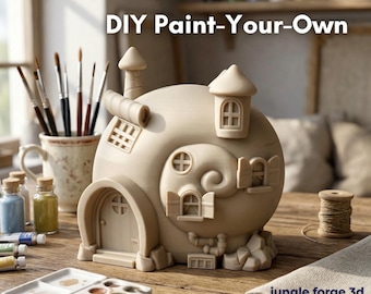 Könnte beinhalten: Ein beiges DIY-Feenhaus zum Selbstbemalen mit einem skurrilen Design, das eine Tür, Fenster und dekorative Elemente aufweist. Das Bild enthält Malutensilien, Pinsel und den Text "DIY Paint-Your-Own" und "jungle forge 3d".