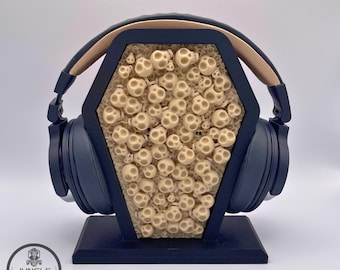 Two-Sided Headphone Holder Stand with Custom Skull & Screen Insert | Black Desk Organizer
