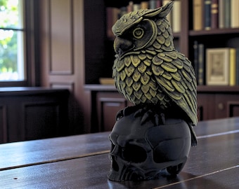 Wizard Owl Skull Statue, Hand-Painted Gothic Decor, Fantasy Desk Shelf Display