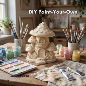 May include: A DIY paint-your-own mushroom house craft kit. The kit includes a ceramic mushroom house, paintbrushes, paint jars, and a watercolour palette. The text "DIY Paint-Your-Own" is visible at the top of the image. The text "jungle forge 3d" is visible at the bottom of the image.