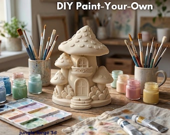 Puede incluir: Un kit de manualidades de casa hongo DIY para pintar. El kit incluye una casa hongo de cerámica, pinceles, botes de pintura y una paleta de acuarelas. El texto "DIY Paint-Your-Own" es visible en la parte superior de la imagen. El texto "jungle forge 3d" es visible en la parte inferior.