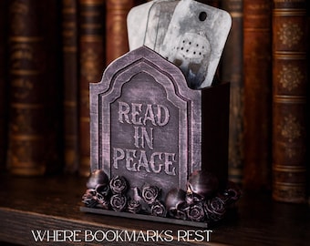 Gothic Bookmark Holder, Hand Painted Skull Shelf Organizer Decor