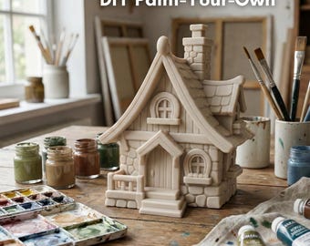 May include: A beige unpainted ceramic house figurine with stone-textured walls, a chimney, and a front porch. The text DIY Paint-Your-Own is visible at the top, and jungle forge 3d is printed at the bottom of the image.