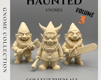 May include: Three beige-colored gnome figurines with menacing expressions and holding weapons. The gnomes are part of the "Haunted Gnomes" collection, volume 3, with the text "Collect Them All" at the bottom.