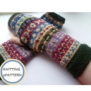 KNITTING PATTERN  Fair Isle Fingerless Mittens Beginner Knit .pdf digital download