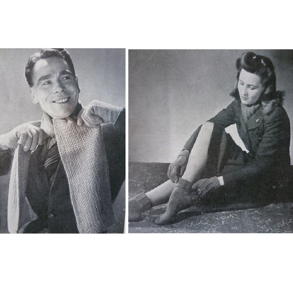 1940s 'His and Her' Scarf and Gloves Set Vintage knitting pattern (pdf digital download)