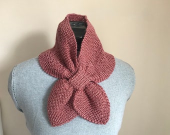 Pink Ascot Scarflette with keyhole loop Handknitted in eco-friendly yarn