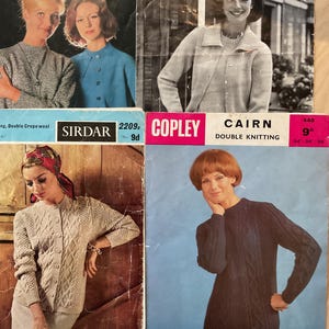 May include: Vintage knitting pattern leaflets featuring women's fashion. The leaflets showcase various knitted sweaters and cardigans. The color palette includes shades of blue, beige, and navy. The text includes "Sirdar", "Copley", and "Scotch Wool Shop".