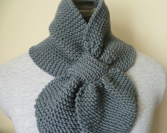 Slate Grey Keyhole Scarf, Handknitted in garter stitch, Miss Marple Scarf