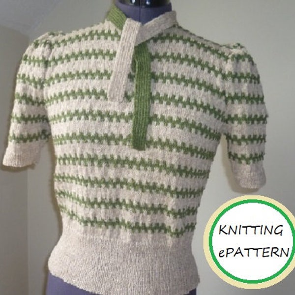 KNITTING PATTERN 1940s Striped Jumper with bow ties - Adapted for modern 4-ply wool