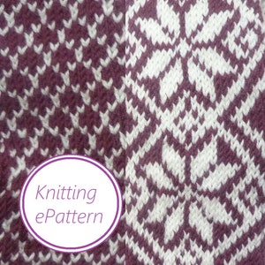 May include: Knitting ePattern for a burgundy and white knit fabric with a geometric pattern. The pattern is a repeating design of small white triangles on a burgundy background.