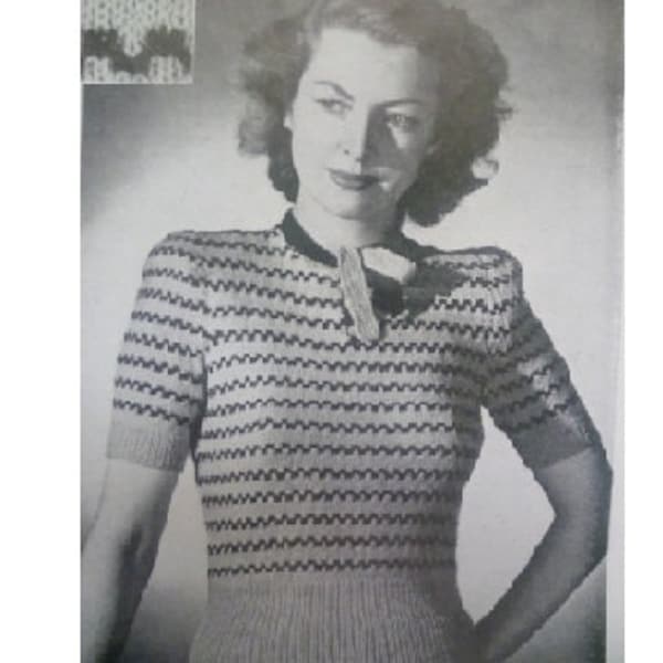 1940s Striped jumper Knitting ePattern with bow ties Stitchcraft Aug-Sept 1945 (pdf digital download)