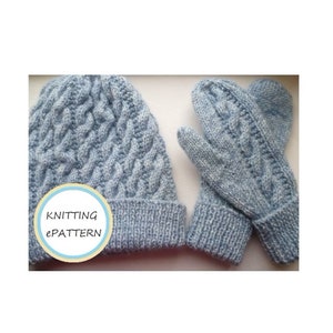 May include: A blue knitted hat and matching mittens with a cable knit pattern. The hat has a fold-over brim. The image includes the text "Knitting Pattern".