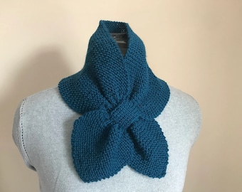 Petrol Blue Ascot Scarf with keyhole loop, Handknitted in Women’s Institute DK wool