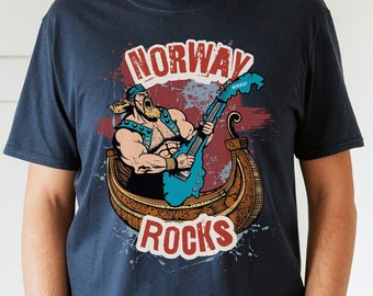 Norway Rocks Funny Rock Star Viking Playing Guitar in the Shape of Norway Graphic Short-Sleeve Unisex T-Shirt