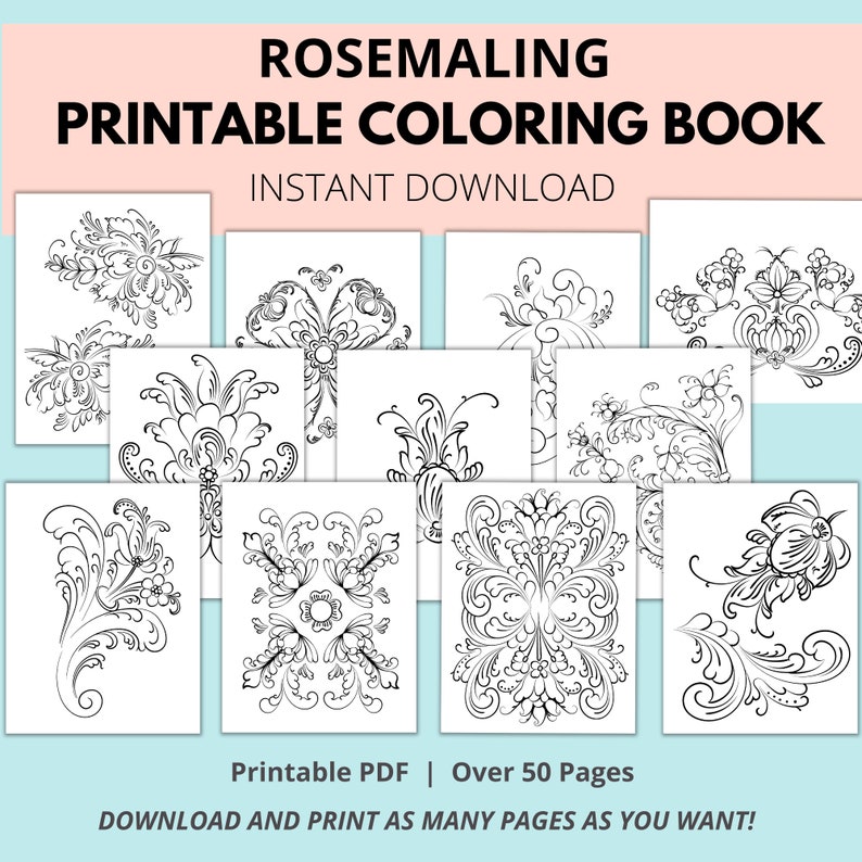 Rosemaling Printable Digital Download Coloring Book, Rosemaling