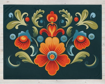 Rosemaling Scandinavian Throw Blanket Norwegian Folk Art Floral Style