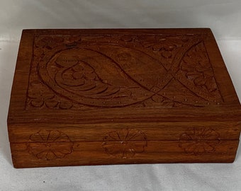 Vintage Hand Carved Wooden Jewelry Box, 1970s, Keepsake, Trinkets, Home Decor, Small Chest, Bedroom, Hinges