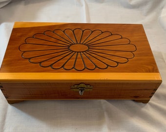 Vintage Wooden Jewelry Box, 1970s, Keepsake, Trinkets, Home Decor, Small Chest, Bedroom, Hinges, Peacock Design