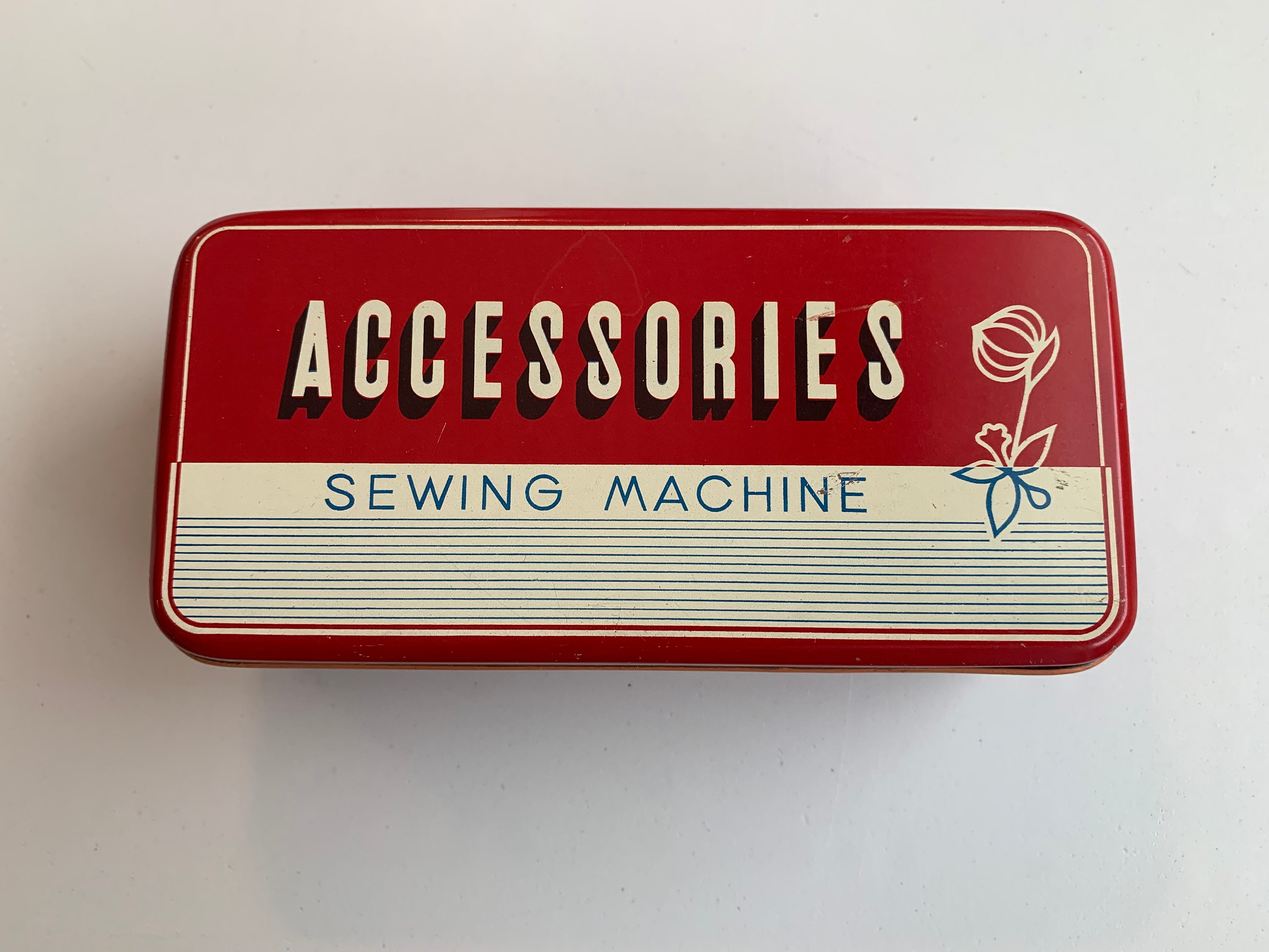 Vintage Sewing Machine Accessories and Tools, Bobbins, Tracing Wheels,  Various Sized Screwdrivers, Cleaning Brush, Different Brands, Tin Can 