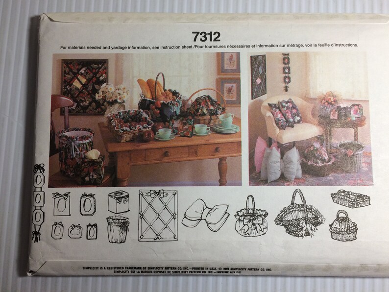 One Size 1992 Tissue Box Cover Vintage Basket Picture Frames Uncut Crafts Bow Pillow Simplicity Sewing Pattern 7312 Bulletin Board