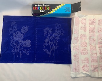 Tri-Chem Discovery Kit, 2 Velvet Fabric Pictures With Butterflies And Flowers, Crafts, Circa 1970's, New/Old Stock In Original Box
