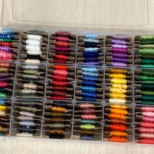 Embroidery Thread Bobbins 126 Various Colors, Yarn Storage, Organizer, Floss Box, Cotton, Rayon, 8 Meter Spools, New/Old Stock, Variegated