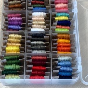 Embroidery Thread Bobbins 60 Various Colors, Yarn Storage, Organizer, Floss Box, Cotton, Rayon, 8 Meter Spools, New/Old Stock,