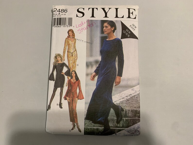 1994 Size 8-18 Zipper Style Sewing Pattern 2486 Slits Fitted Ruffled Long Sleeves Misses/' Dress in Two Lengths Neck Variations