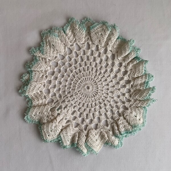 Vintage Hand Made Crocheted Doily, China Cabinet, Round, White, Blue, Delicate, 6 Inch Diameter, Elegant, Scrapbooking, Scallop, Home Decor