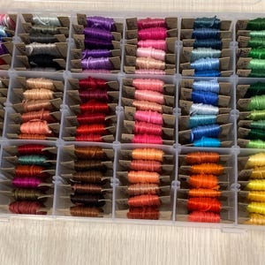 Embroidery Thread Bobbins 108 Various Colors, Yarn Storage, Organizer, Floss Box, Cotton, Rayon, 8 Meter Spools, New/Old Stock, Variegated