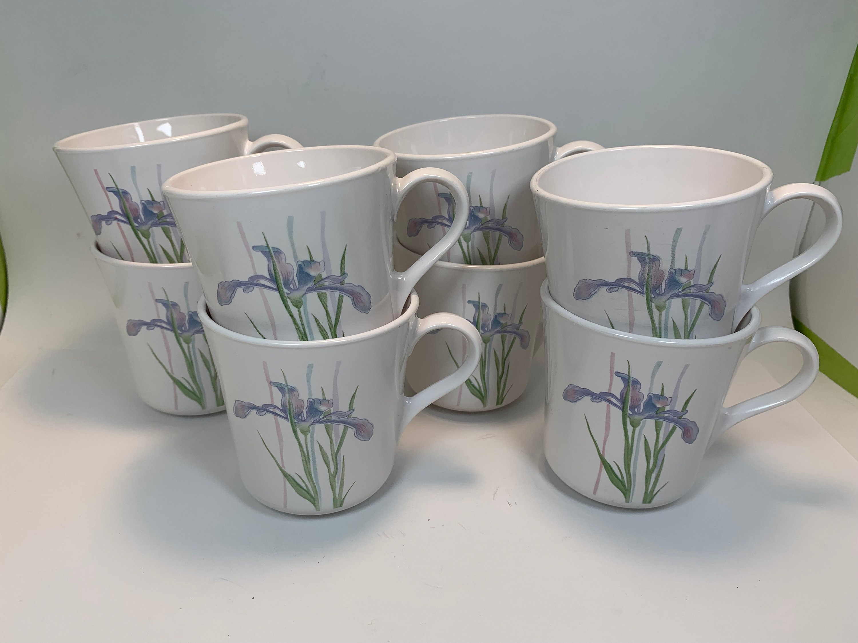 Set of 8 Corelle Shadow Iris Floral Coffee Tea Cup Mugs w/ Saucers Green Trim