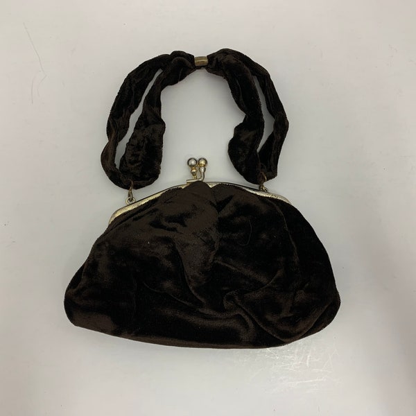 Vintage Chocolate Brown Ladies/Misses' Evening Hand Bag, Clasp Opening, Satin Lining, Grad Purse, Clutch, Formal, Accessory, Crushed Velvet,