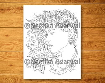 Floral Face 1 - Adult Coloring Page - Printable Coloring Page - Digital Download - PDF coloring pages - Instant Download - Portrait - Girls