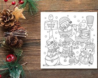 Snowmen - Adult Coloring Page - Christmas Coloring Page - Printable Coloring Page - Digital Download