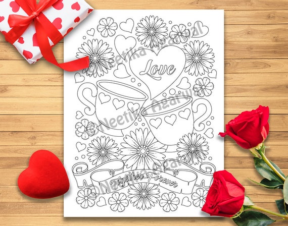 Cup Couple Valentine Adult Coloring Page Valentine S Etsy