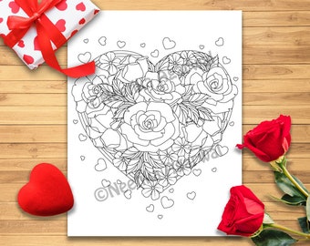 Rose Heart - Valentine - Adult Coloring Page - Valentine's Day Coloring Page - Printable Coloring Page - Digital Download
