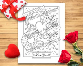 Valentine Card - Adult Coloring Page - Valentine's Day Coloring Page - Printable Coloring Page - Digital Download