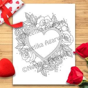 Heart with Roses Valentine Adult Coloring Page Valentine's Day Coloring Page Printable Coloring Page Digital Download image 1