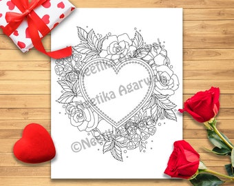 Heart with Roses - Valentine - Adult Coloring Page - Valentine's Day Coloring Page - Printable Coloring Page - Digital Download