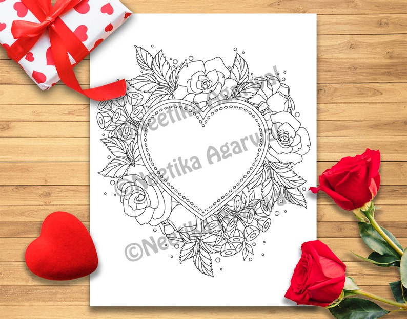 Heart with Roses Valentine Adult Coloring Page Valentine's Day Coloring Page Printable Coloring Page Digital Download image 1