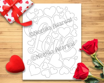 Love - Valentine - Adult Coloring Page - Valentine's Day Coloring Page - Printable Coloring Page - Digital Download