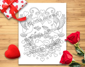 Love Birds - Dove Couple - Valentine - Adult Coloring Page - Valentine's Day Coloring Page - Printable Coloring Page - Digital Download